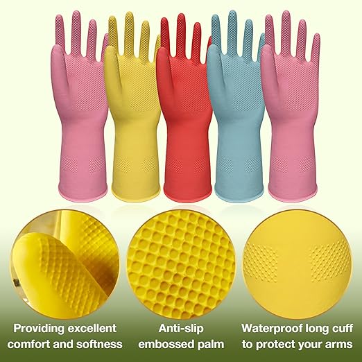 Cleaning Gloves Dishwashing 5 Pairs Reusable Non Slip Rubber Kitchen Small | 12.6-Inch Cuff, Textured Anti-Skid Palm Grip, Soft Skin-Friendly Rubber, 4-Color for Multi-Use, Easy Pull-On Flexible Fit