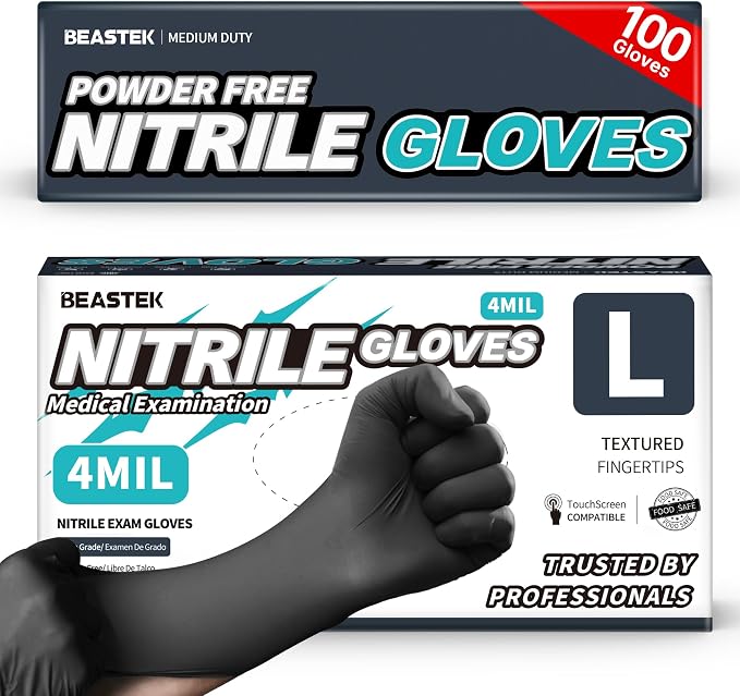 Black Nitrile Exam Gloves, 4 Mil, Powder-Free Food Prep Disposable | Soft+ • Powder-Free • Latex-Free • Medical • Examination • Cooking • Cleaning • Food Prep • Tattoo • Black • 100 Ct & 1000 Ct