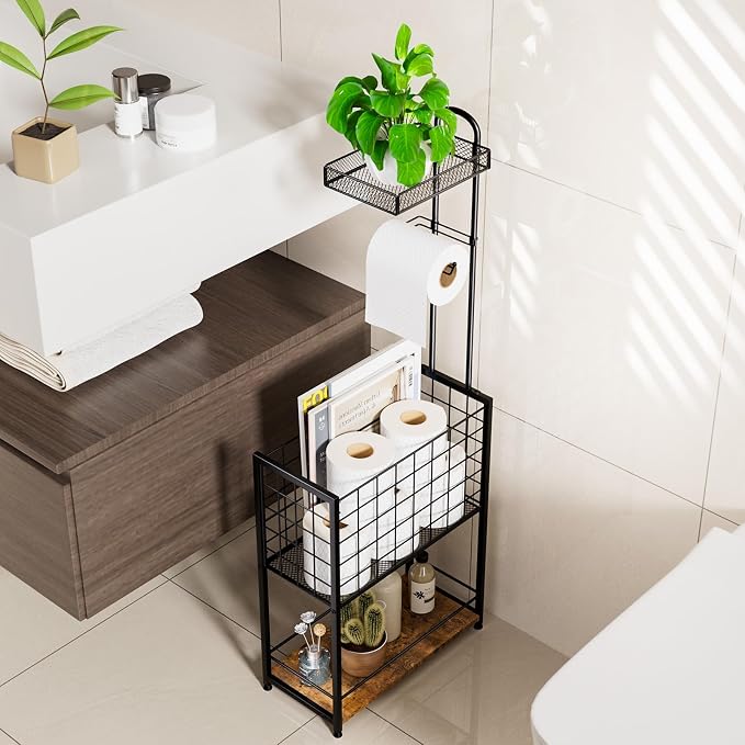SWTYMIKI Freestanding Toilet Paper Holder - 4-Tier Free Standing Toilet Paper Holder Stand with Large Basket, Stand Mega Roll Storage Rack for Extra Rolls, Magazines, Wet Wipes, Black