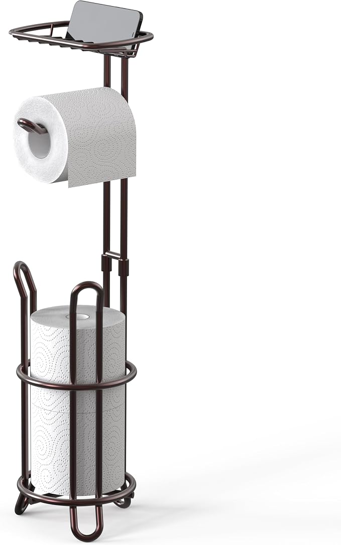 Simple Houseware Toilet Paper Holder Stand w/Cell Phone Wire Shelf, Bronze | 4 Paper Rolls, 7.25" x 7.25" x 23.5", Freestanding Paper Roll Storage for Bathroom