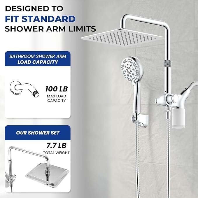 Upgraded Dual Shower Heads Combo, 10 inch Filtered Shower Head with Handheld, 3-Way Rain Shower Head with Filters, 7 Settings Handheld Spray, High Pressure, Height Adjustable (Silver)