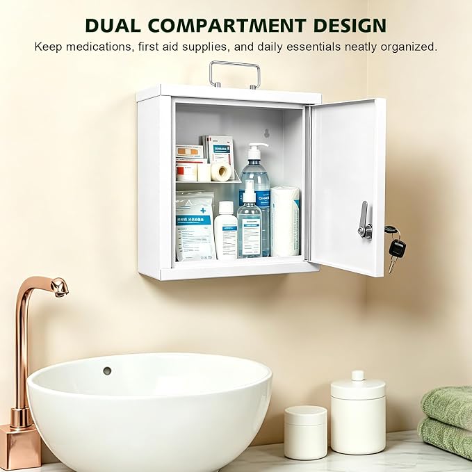 KYODOLED Locking Medication Lock Box with Keys, Wall Mount, White | 10 x 4.7 x 10 inch, steel durability, locking controlled access, child safe out of reach storage, home & first aid use