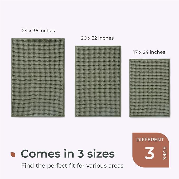 FRESHMINT Thick Chunky Chenille Bathroom Rug, Sage Green, 20"x32" | Non-Slip Backing, Water Absorbent Surface, Machine Washable Care, Cushioned Comfort, Bathroom Floor Use