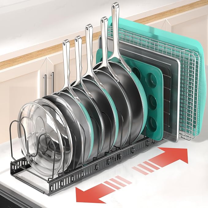 Pots and Pans Organizer under Cabinet, 11.8-22.8" 14 Dividers Black | Extends 11.8-22.8", Holds pot lids, pans, cookware and bakeware, Adjustable dividers, for under cabinet or countertop
