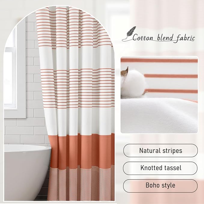 Coral Boho Cotton Striped Shower Curtain with Tassel 72" W X 72" L | Boho Farmhouse Shower Curtains for Bathroom with Soft Cotton Feel