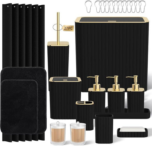 Bathroom Accessory Set - Bathroom Set, 27PC Bathroom Accessories Set, Black Bathroom Sets with Shower Curtain and Rugs, Mini Trash Can, Toilet Brush, Trash Can & Soap Dispenser