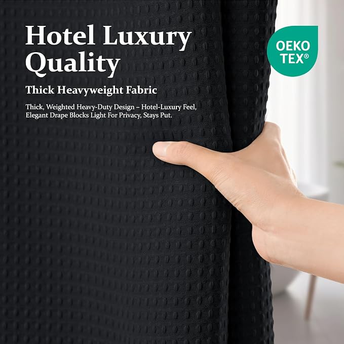 Extra Long Waffle Shower Curtain 256 GSM Fabric 72x90 Black | 90 Inch Tall, Thick Polyester Cloth, Weighted Hem, Water Repellent & Washable, Hotel Shower Curtain Set for Bathroom 12 Hooks