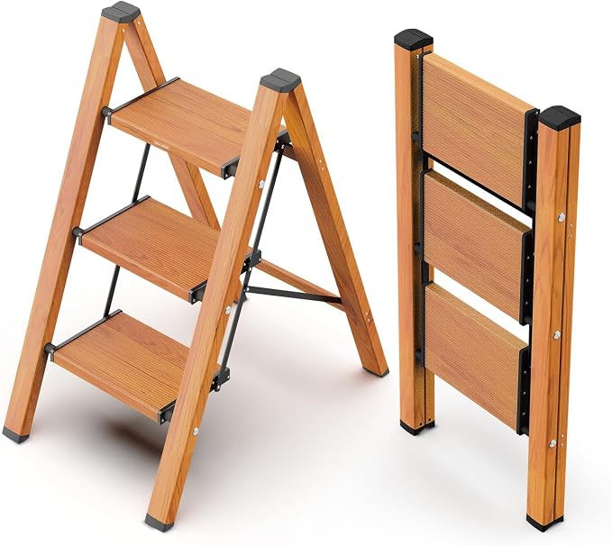 3 Step Foldable Step Stool, 300lbs Load, Wood Grain | Folded 36''H x 3''T; Net 9 lbs; Non-Slip Feet: Wood/Tile/Carpet; Rigid Aluminum Steps; No Assembly; Ready From Box.