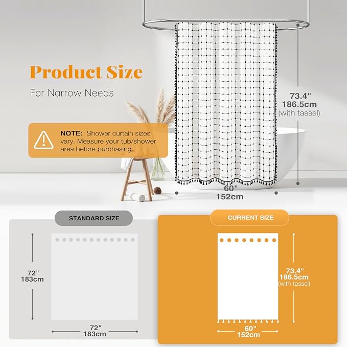 60x72 Boho Farmhouse Linen Heavy Duty Shower Curtain, White and Black | Narrow Size, 330GSM Linen Blend, 3-side Tassels, Water Repellent Fabric, 10 Plastic Hooks, Rustic Bohemian, Machine Washable