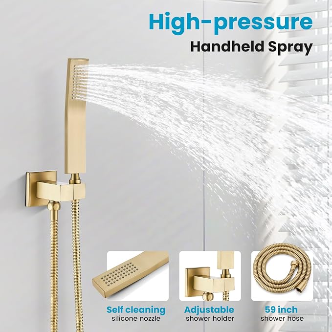 gotonovo Shower Faucet Set with Handheld Spray Brushed Gold,10'' Head | SUS304 Rainfall Shower Head and Handle Set System Fixture,Pressure Balance Valve Trim Kit,Single Handle,Wall Mount,All Metal