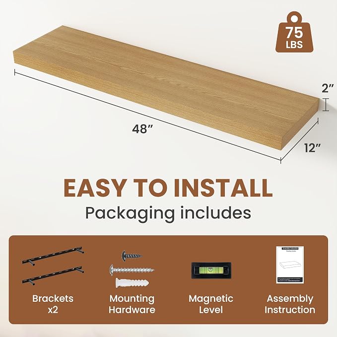 Vivelove Deep Floating Shelves 48x12” Set of 2, Oak | Easy Install With Hardware, 2" Thick, Invisible Brackets, Wall Mounted, No Sagging, For Any Room