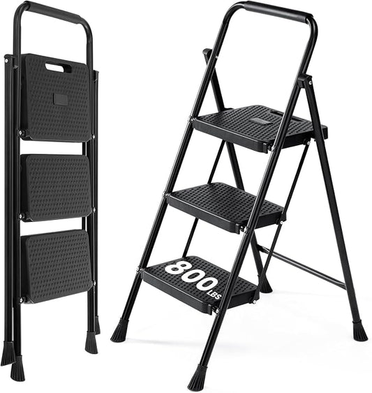 OLIXIS 3 Step Ladder, 800lbs Foldable Step Stool with Anti-Slip Pedal