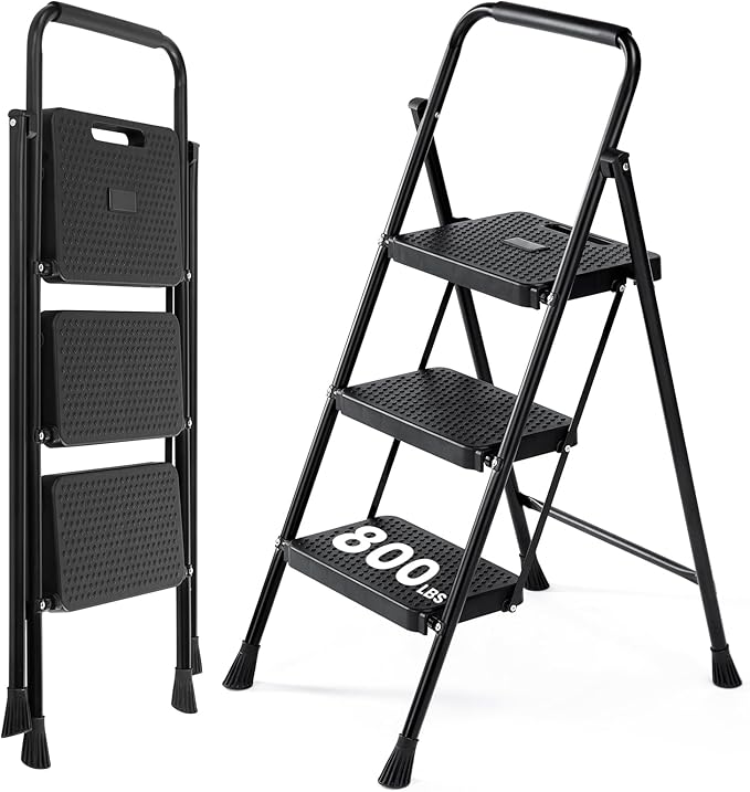 Sweetcrispy 3 Step Ladder, 800lbs Folding Sturdy Step Stool | Portable Stepping Stool with Wide Anti-Silp Pedal & Cushioned Handle, for Home Kitchen and Outdoor - Black