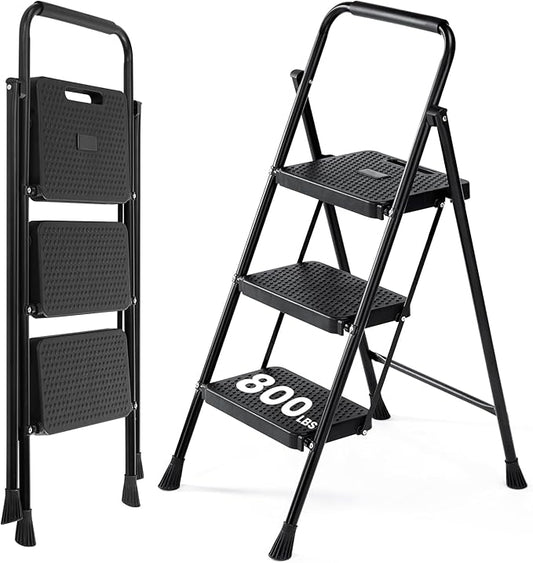 Sweetcrispy 3 Step Ladder, 800lbs Folding Sturdy Step Stool | Portable Stepping Stool with Wide Anti-Silp Pedal & Cushioned Handle, for Home Kitchen and Outdoor - Black