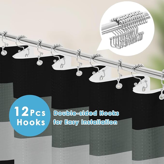 3 in 1 Shower Curtain and Liner,72 x 72 inch, Black Striped | Grey Geometric Shower Curtain and PEVA Liner Set with 12 Rust-Resistant Metal Hooks, Waterproof Fabric Curtains for Bathroom