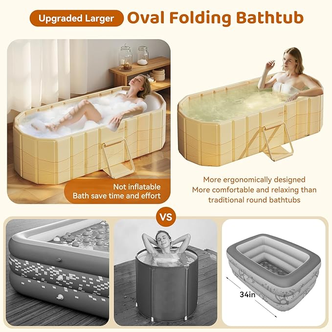 Portable Bathtub, Foldable Bathtub 59x21.6x19.6", Beige | Inflatable Bathtub Free Standing Tub with 2 Drain Ports, Space Saving, Hot Tub, Ice Bath Tub, Indoor Outdoor