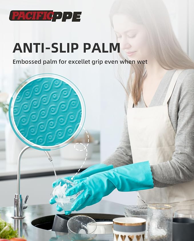 2 Pairs Dishwashing Gloves, Cotton Flocked Liner, Green, Medium | Waterproof dishwashing gloves with non-slip grip, Latex-Free, flexible fit for kitchen, bathroom, laundry & cleaning