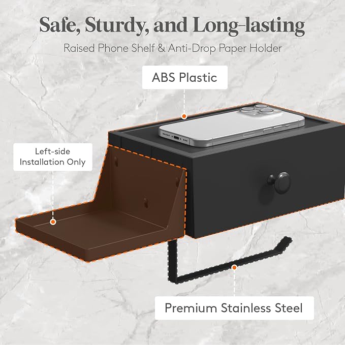Lifewit Plastic Toilet Paper Holder with Shelf and Drawer, Screw or Adhesive Wall Mount Tissue Roll Storage, Sturdy Bathroom Wipes Dispenser Organizer, Black, 2 Pack