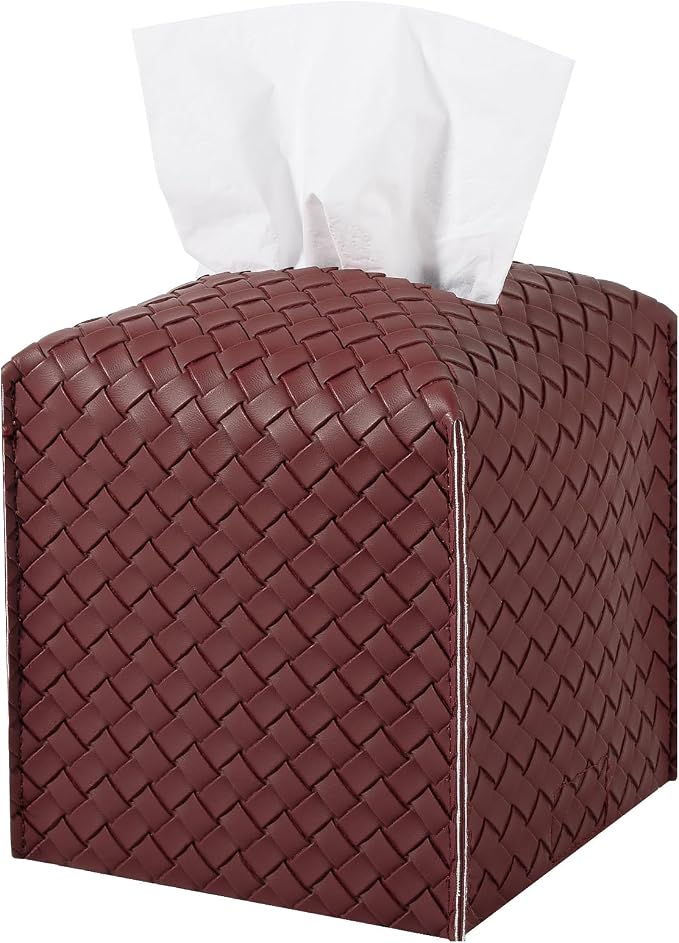 Tissue Box Cover Square Leather Facial Paper Holder, Dark red | PU Leather，Easy to Fill, Easy Clean, Decorative Cube Tissue Box Holder for Office, Bathroom,Kitchen, Living room, Guest room