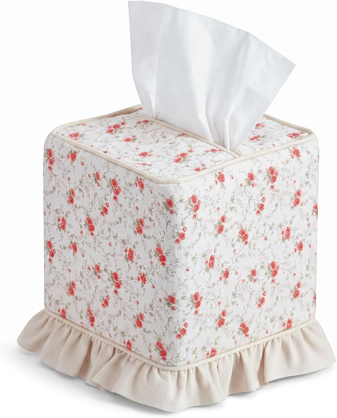 Hushee Cottagecore Ruffle Tissue Box Cover Floral Print Tissue Box Handmade Cotton Square Napkin Holder for Home Bedroom Living Room Bathroom Vanity Countertop Car Office Kitchen(Pink)