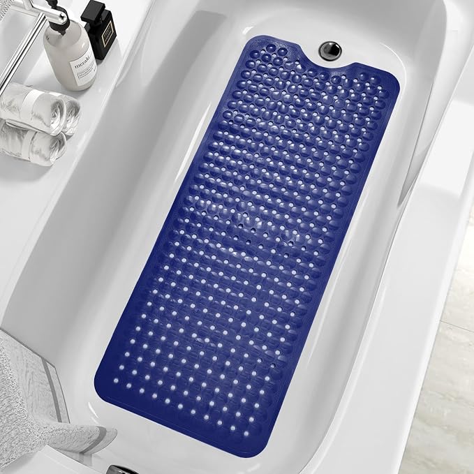 MOONFLY Shower and Bathtub Mat, 40x16 Inches, Navy Blue | Extra Long Non Slip Mats with Suction Cups,Drain Holes, Machine Washable ,Anti Slip Bathmats, Bathroom Mats for Tub Nonslip