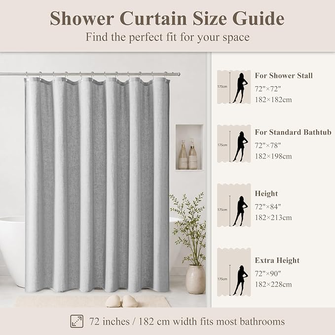 Jowels Gray Linen Fabric Shower Curtains for Bathroom, 72x72 | Grey Linen Shower Curtains Set, Waterproof Washable Weighted Textile, Metal Hooks, Hotel Boho Farmhouse Bathroom Decor