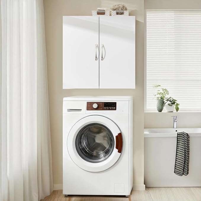 SoBuy Wall Cabinet, Over Toilet Storage Cabinet, Medicine Cabinet with Shelf, Multifunctional Wall Mount Cabinet for Laundry Room, Kitchen, Bathroom, White