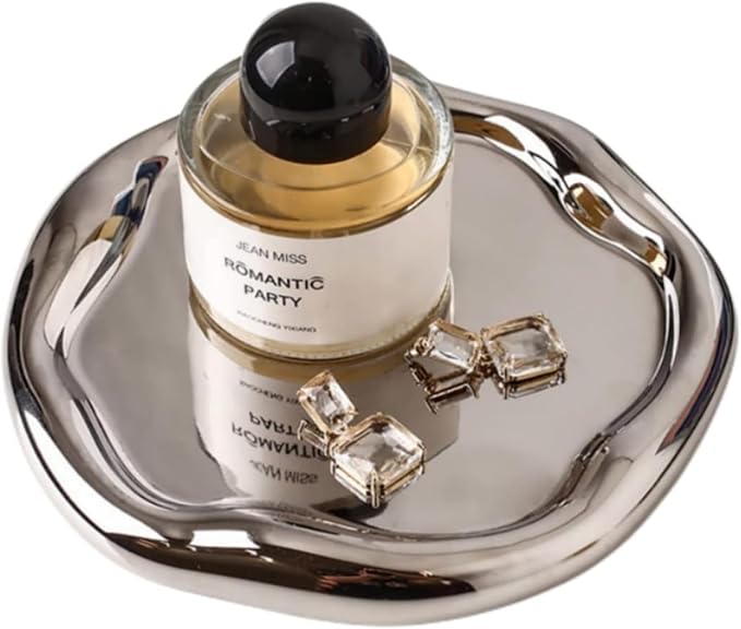 Silver Tray Decorative Vanity Tray Bathroom Tray Ceramic Jewelry Dish | CHENDECOR Silver Round Plate Holder Makeup Tray Home Organizers Irregular Storage Plate Bathroom organizer