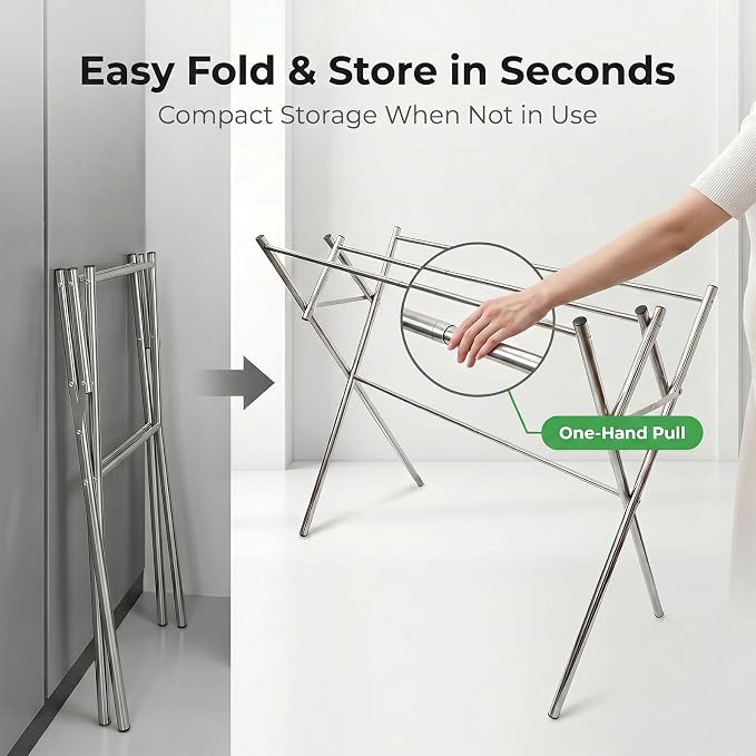 Drying Rack for Clothes, Compact 4 Drying Poles Foldable Laundry Rack, Stainless Steel Portable Clothes Airer for Towels, Baby Clothes, Bibs & Swimsuits, for Balcony & Laundry Room Use, Silver