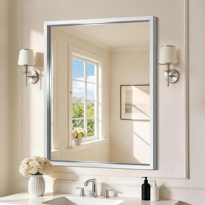 COFENY Bathroom Mirror, 30x36 Brushed Silver Rectangle Mirrors, Thickened Deep Metal Frame Bathroom Vanity Mirrors for Over Sink, Bedroom, Entryway, HD Tempered Glass, Horizontally or Vertically