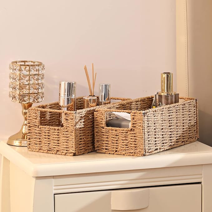 Wicker Storage Basket, Set of 2 Hand-Woven Paper Rope Wicker Basket, Small Storage Baskets for Organizing Toilet Paper Basket, Foldable Large Cube Storage Organizer Bins for Shelves (Natural)