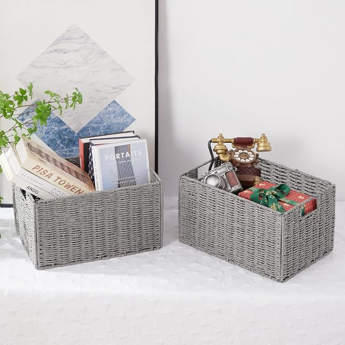 Wicker Storage Basket, Set of 2 Hand-Woven Paper Rope Wicker Basket, Small Storage Baskets for Organizing Toilet Paper Basket, Foldable Large Cube Storage Organizer Bins for Shelves (Grey)