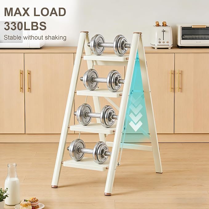 Valeo 4 Step Ladder,Lightweight Folding Step Stool with Wide Anti-Slip Pedal, 330LBS Capacity, Heavy Duty,Sturdy Iron Metal Step Stool for Home, Kitchen, Closet, Adults, Cream White