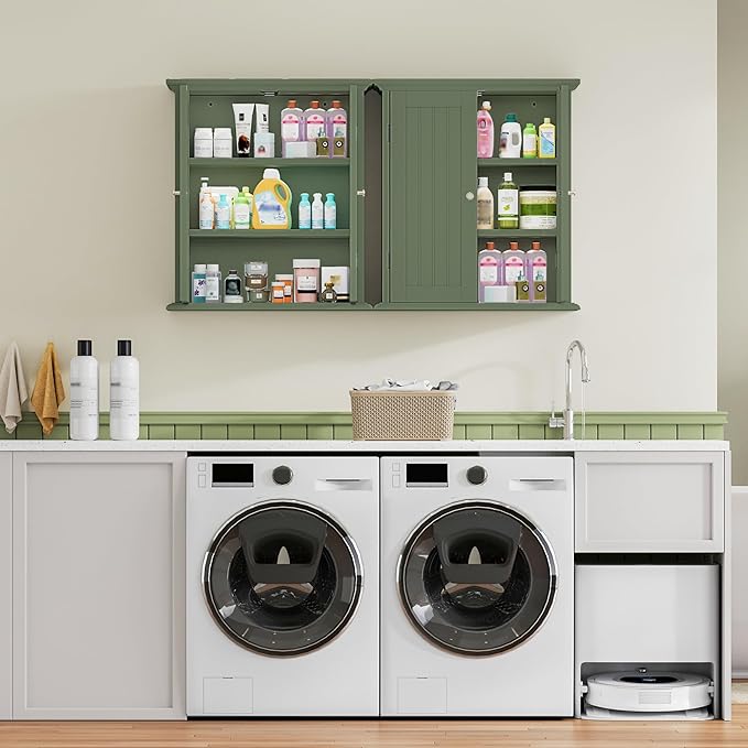ChooChoo Bathroom Wall Cabinet with 2 Doors, Over The Toilet | 8.8"D x 21.1"W x 24"H, Medicine Cabinet, Adjustable Shelves, Cupboard, Green