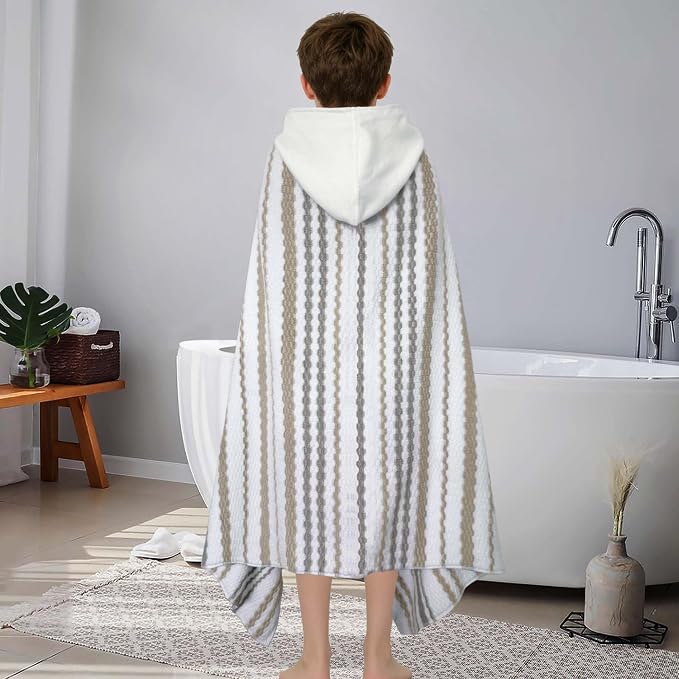 VOOVA & MOVAS Kids Hooded Bath Towel,6-12 Years,100% Cotton | 66X34 Inch,Brown Gray Stripe,Thick,Soft, Absorbent, Quick-Drying, Beach/Pool/Swim Essentials