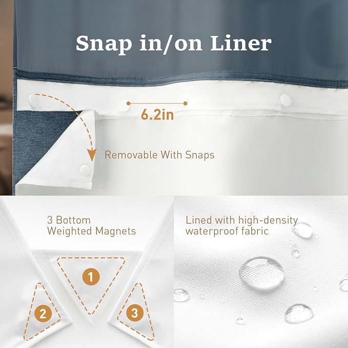 72x87 Ringless Linen Textured Shower Curtain with Snap in Liner, Blue | Extra Long Size, 3 in 1 Durable Fabric Shower Curtain, Removable Liner, Waterproof & Washable, Mesh Top Window, Easy Setup