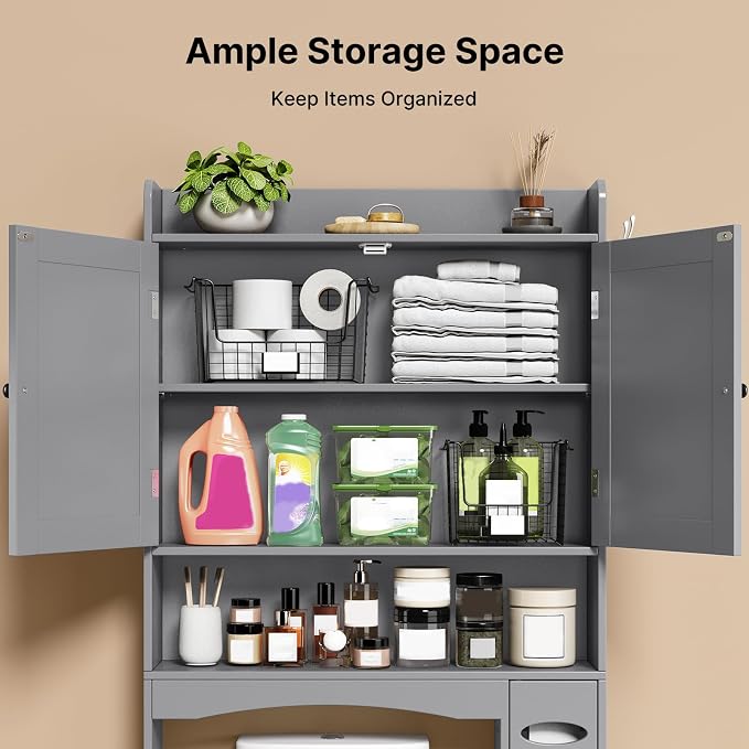 Over The Toilet Storage Cabinet, 32.3" W, Espresso | Over Toilet Bathroom Organizer with Doors, Adjustable Shelves, Toilet Paper Holder, 2 Side Hooks, for Bathroom, Laundry