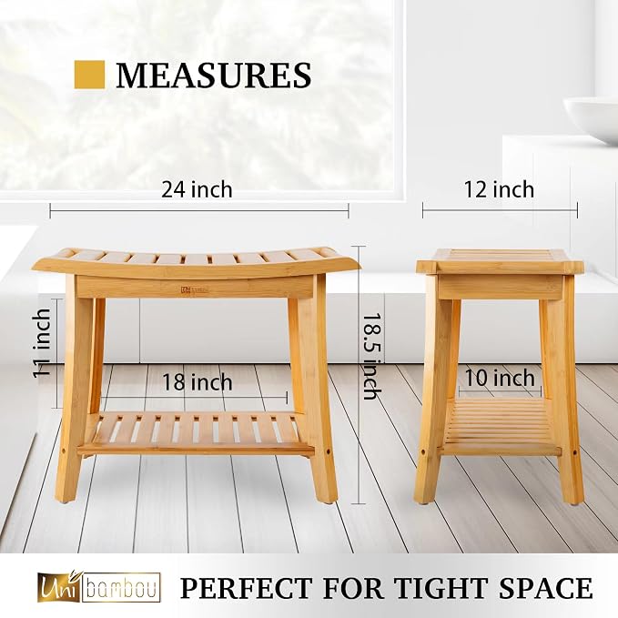 Unibambou Bamboo Shower Bench with Storage Shelf, Spa Bath Chair for Bathroom, Seat or Organizer for Living Room, Bedroom and Garden - Great for All Ages Unisex Elderly (Large, Natural)