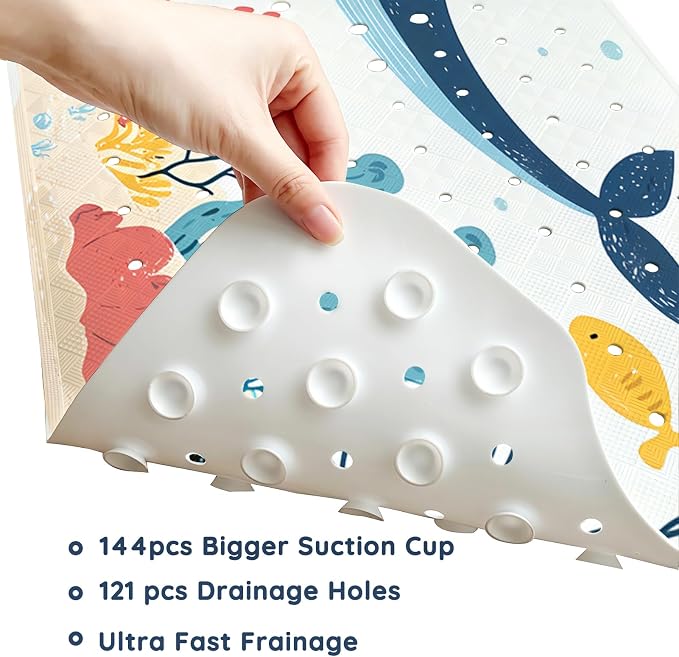 LNOND Bath Mat for Tub for Kids, Toddler Bathtub mat Non Slip, Whales and Coral Kids Bath Mats for Bathroom Non Slip with Drain Holes and Suction Cups,Machine Washable (40 X 16 Inch)