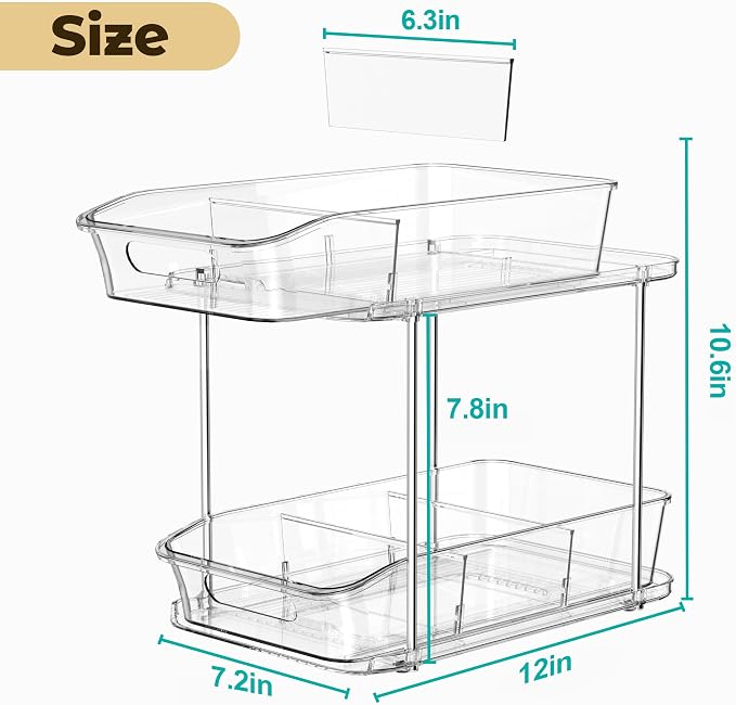 incostar 2 Tier Pull-Out Organizer for Bathroom Kitchen, Under Sink Storage with Dividers, Ideal for Cabinet, Cupboard Organization, Slide-Out Clear Storage, 1 Pack