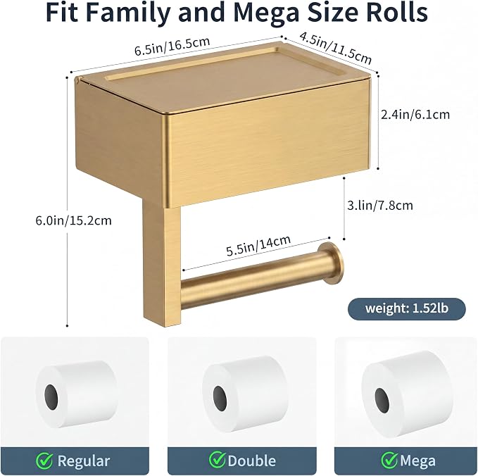 FORIOUS Toilet Paper Holder with Shelf, Wall-Mounted Modern Wipes Dispenser | Brushed Gold | Toilet Paper Holder with Storage | Baby Wipes Dispenser for Bathroom | 6.5"x4.5" Lighter Shelf
