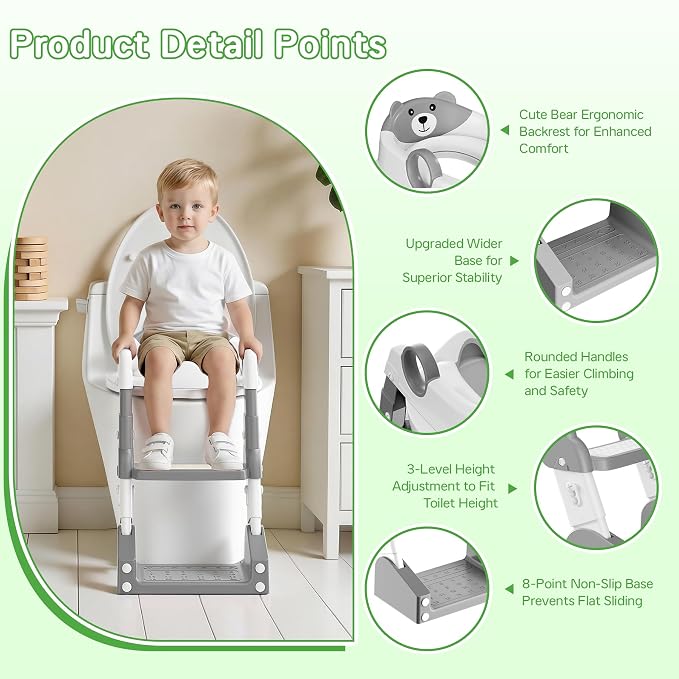 Potty Training Seat, 2-in-1 Toddler Toilet Training Seat & Potty Chair for Kids Boys Girls, Height Adjustable Toilet Seat with Splash Guard, Stable Wide Base Design, Anti-Slip Steps Stool