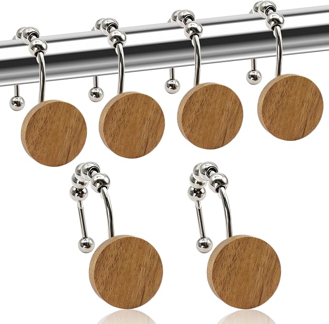 Wood Shower Curtain Hooks, Wooden Decorative Shower Curtain Rings, Modern Round Log Shower Curtain Hangers, 12PCS Shower Hooks for Shower Curtain Rod, Bathroom, Bedroom, Living Room (Silvery)