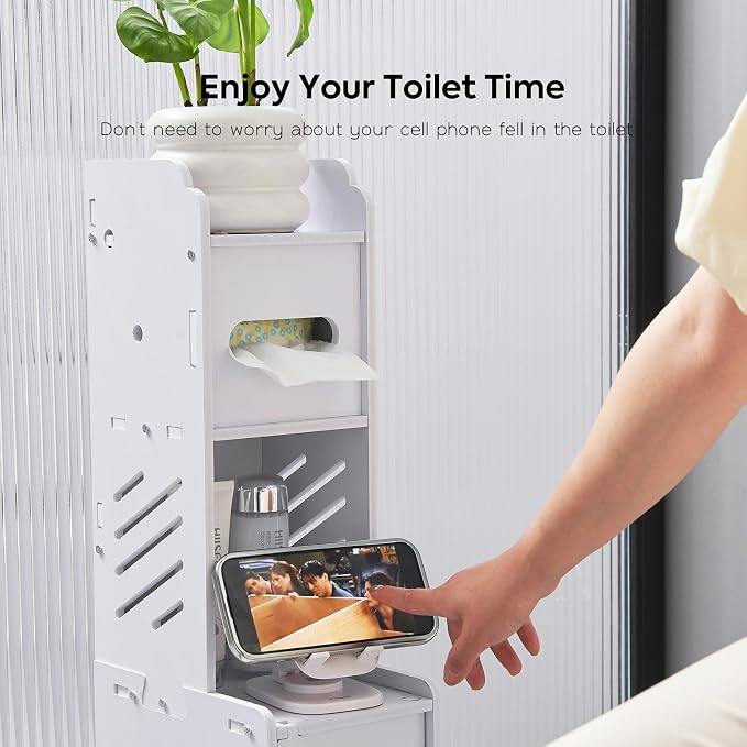 Toilet Paper Holder Stand, Slim Bathroom Storage Cabinet (White) | Narrow waterproof PVC skinny shelf stand and extra tissue paper roll holder. Smart space organizer for small restrooms.