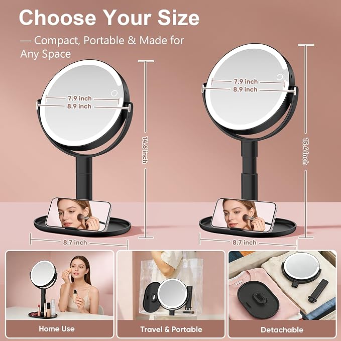 Rechargeable Lighted Makeup Mirror,10X Magnification, 8 Inch | 3 Adjustable Light Colors, Rechargeable Cordless Design, Adjustable Height, Storage Base with Phone Holder,Touch Control