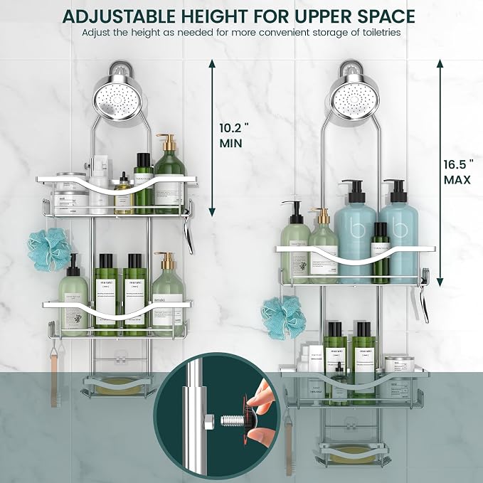 REINHARDT Adjustable Shower Caddy Hanging Over Shower Head, Silver | Rustproof Shower Organizer, Extra Long, No Drilling, Anti-Slip, Fast Draining, Soap Holder, 12 Hooks, Bathroom Accessories