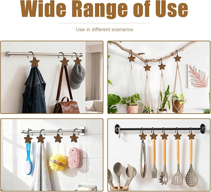 Shower Curtain Hooks, Wood Decorative Shower Curtain Rings, Modern Round Log Shower Curtain Hangers, 12PCS Shower Hooks for Shower Curtain Rod, Bedroom, Living Room (Star-Black)