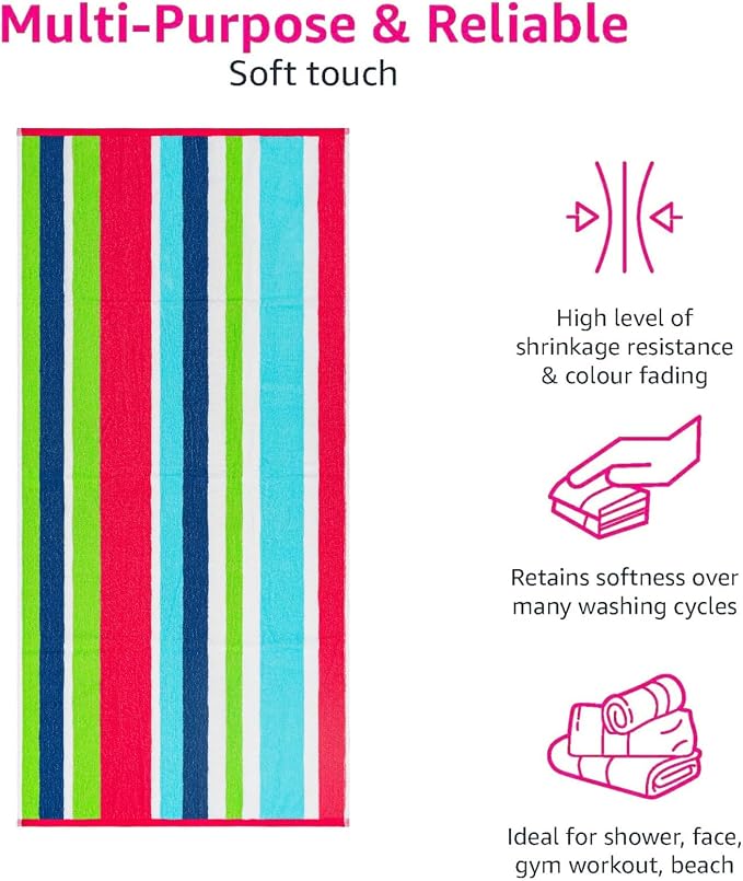 CASA COPENHAGEN Monaco Beach Towels Designed in Denmark Rough and Tough, Quick Dry, for Pool, Bath & Shower 30x60 inches 4 Pieces Cotton Beach Bath Towels Set - Rainbow Pink