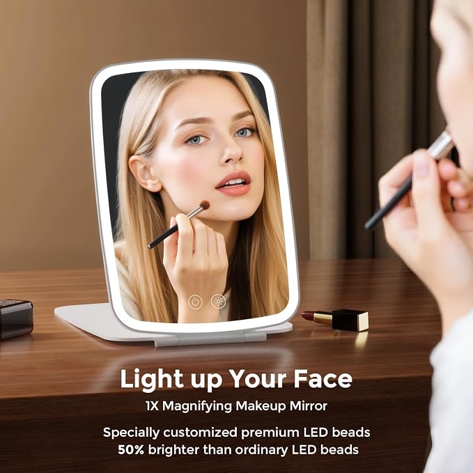 NEZZOE Portable Makeup Mirror, Large Travel Mirror with Light, 10”x7” White | Foldable Makeup Mirror, 2000mAh Rechargeable Battery, 3 LED Lighting Modes, Magnetic Closure