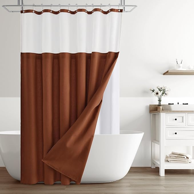 Extra Long Linen Shower Curtain 84 Inches Terracotta Double Layer | 7ft,Curtains with Hook, Snap in Liner, Water Repellent, Neutral Farmhouse, Neutral Bath Decor, 1 Panel, 72x84